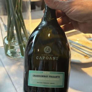 Garrafa de vinho espumante da marca "Vinhedos Capoani". O rótulo indica que é um Chardonnay Frisante do ano 2020. Trata-se de um vinho frisante natural branco seco. A garrafa contém 750 ml de bebida e possui teor alcoólico de 10% vol. A origem do produto é o Vale dos Vinhedos, Brasil. A garrafa tem um design robusto, com vidro escuro, e o rótulo é em tons de verde claro com detalhes em branco e preto.