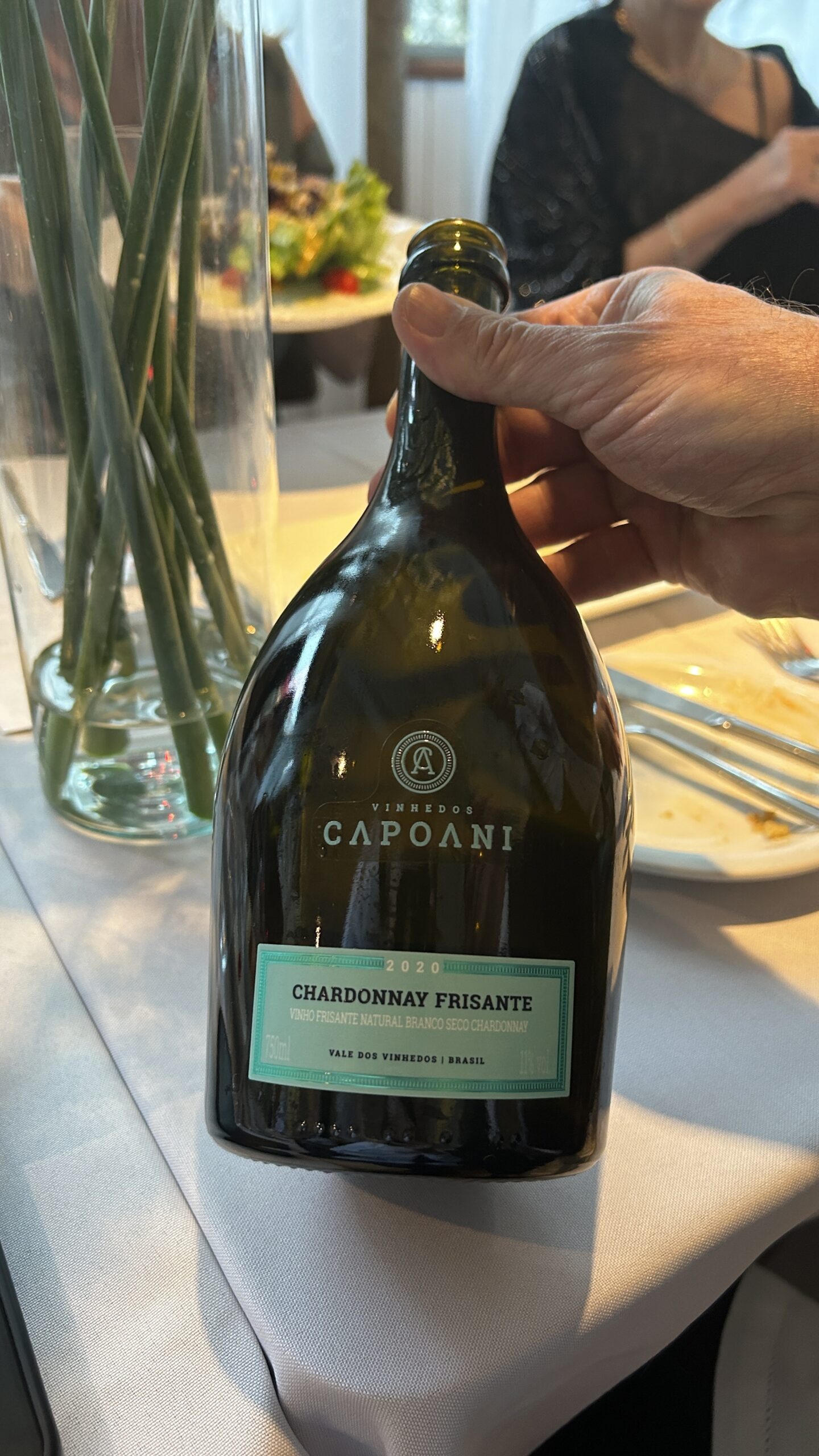 Garrafa de vinho espumante da marca "Vinhedos Capoani". O rótulo indica que é um Chardonnay Frisante do ano 2020. Trata-se de um vinho frisante natural branco seco. A garrafa contém 750 ml de bebida e possui teor alcoólico de 10% vol. A origem do produto é o Vale dos Vinhedos, Brasil. A garrafa tem um design robusto, com vidro escuro, e o rótulo é em tons de verde claro com detalhes em branco e preto.