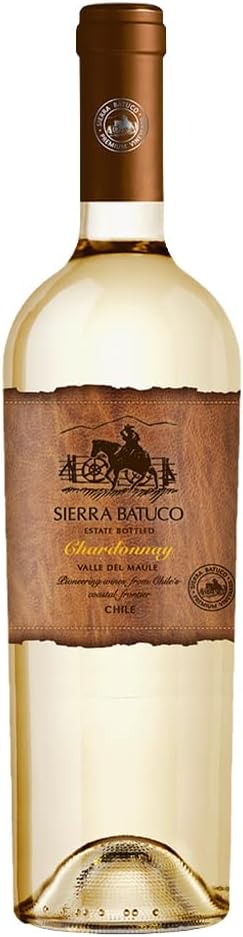 Close rótulo Sierra Batuco Chardonnay vinho branco 750ml cápsula marrom rótulo texturizado