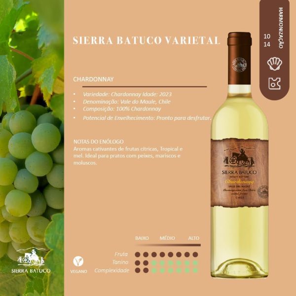 Ficha técnica Sierra Batuco Varietal Chardonnay 750ml informações de safra Vale do Maule notas do enólogo harmonização