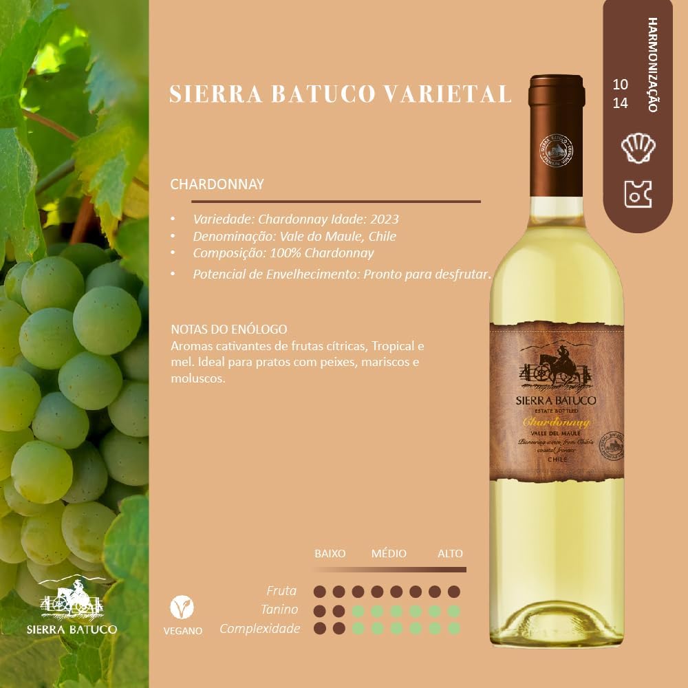 Ficha técnica Sierra Batuco Varietal Chardonnay 750ml informações de safra Vale do Maule notas do enólogo harmonização